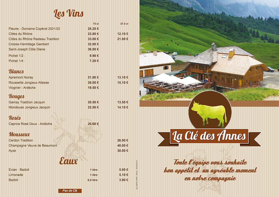 Carte été 2022 restaurant La Clé des Annes Grand Bornand Haute Savoie