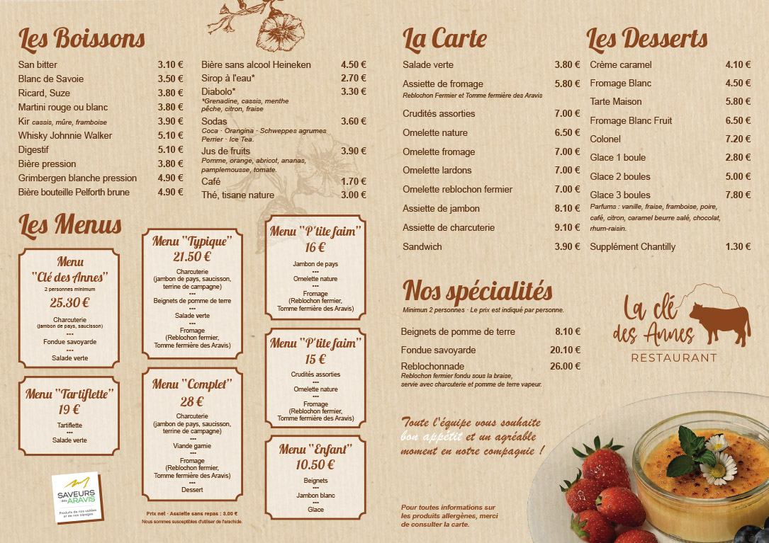 Carte été 2024 restaurant d'altitude La Clé des Annes Grand Bornand Haute Savoie
